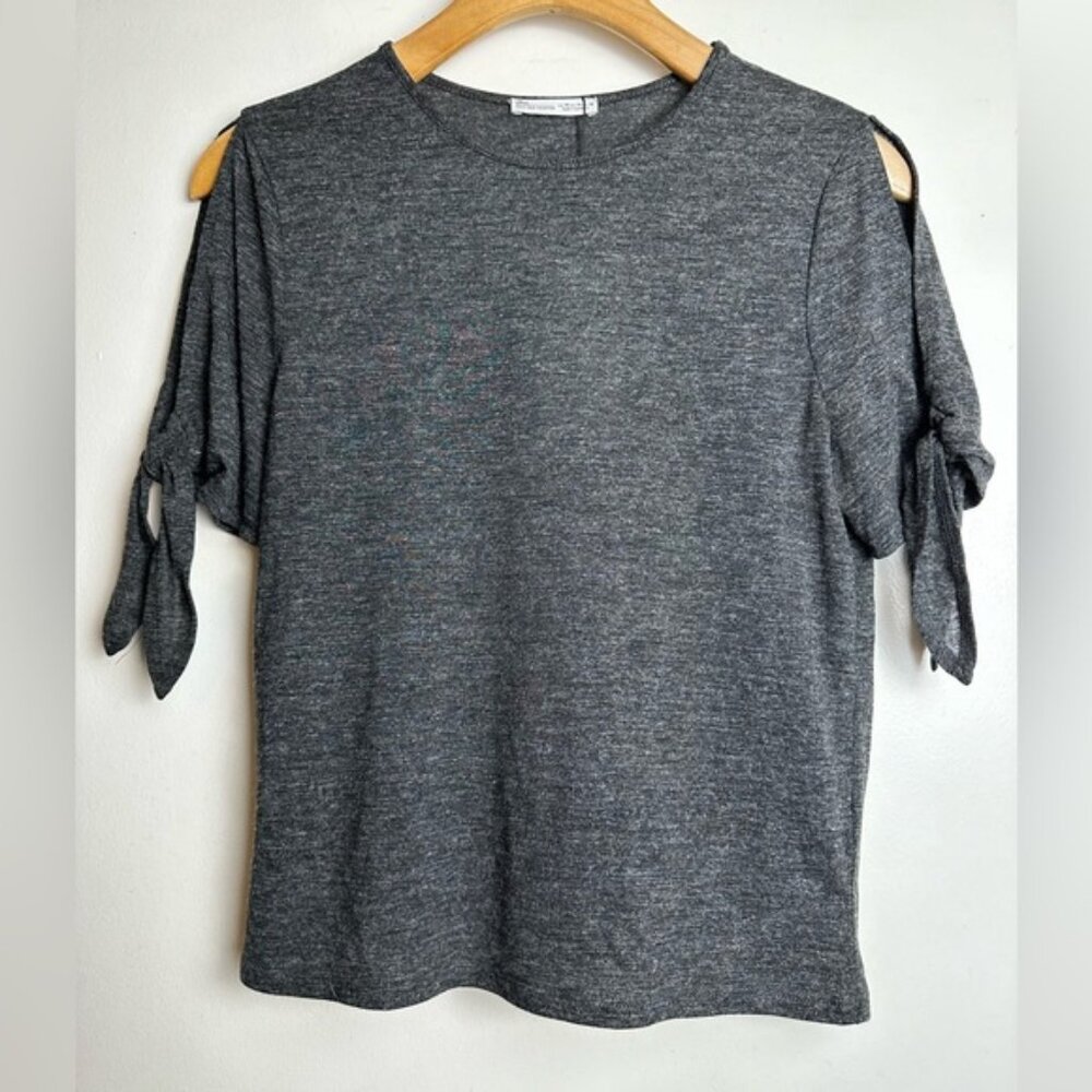 ZARA Women’s Open Shoulder Tie Sleeve Knit Top Charcoal Gray Size Medium NWT